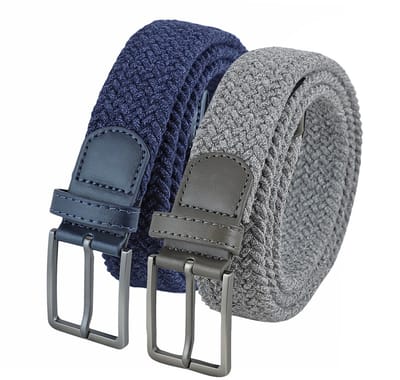 Landley Voordeelset Gemêleerde Elastische Riemen Blauw & Grijs – Luxe Gevlochten Stretch Riemen - Dames & Heren - Duopack - Lengte totaal 100 cm / Riemmaat 85