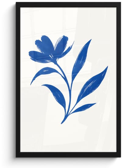 Poster in lijst - Fotolijst 40x60 cm - Posters - Bloem - Blaadjes - Minimalistisch - Blauw - Posterlijst zwart - Decoratie - Wanddecoratie woonkamer - Muurdecoratie slaapkamer