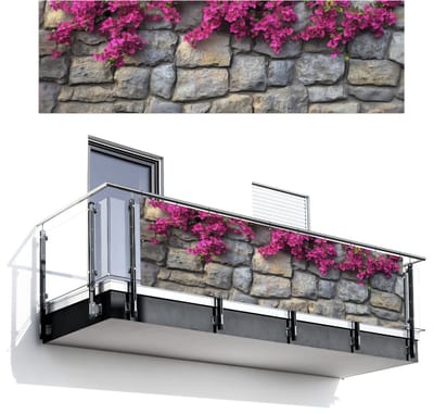 Balkonscherm 300x95 cm - Balkonposter Bougainvillea - Stenen Muur - Roze - Balkon scherm decoratie - Balkonschermen - Balkondoek zonnescherm