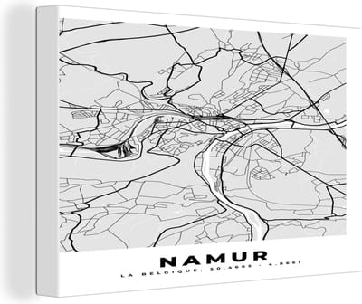 Canvas Schilderij Stadskaart – Plattegrond – België – Zwart Wit – Namur – Kaart - 30x20 cm - Wanddecoratie