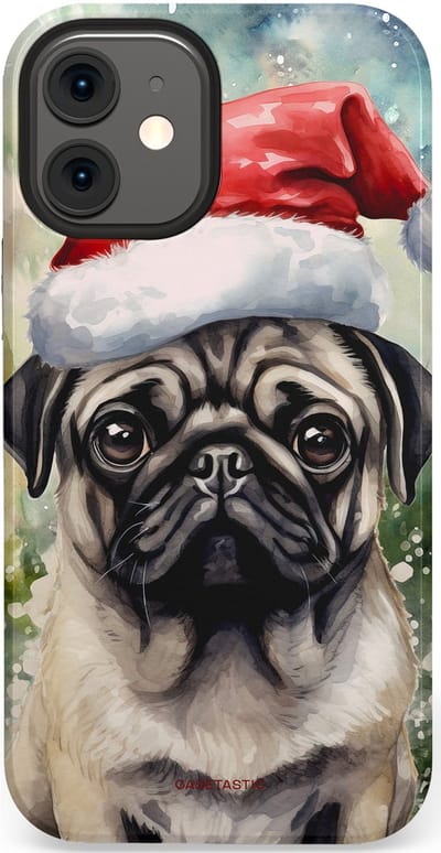 Casetastic hoesje geschikt voor Apple iPhone 12 Mini - Dubbellaagse bescherming - Aquarel Kerstmis Pug Hond - Fashion Case - Grijs Taupe Donkergrijs Saliegroen