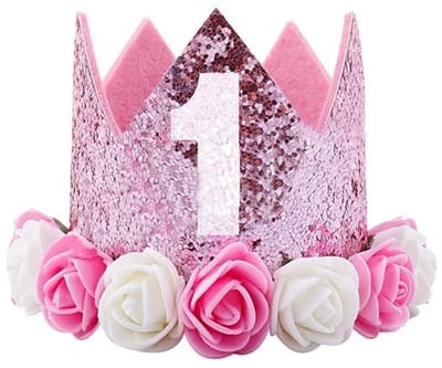 Dailygoods- Verjaardagskroon 1 Jaar - Baby Kroon - Hoofdsieraad - Glitterkroon - Zacht en Rekbaar - Perfect voor Foto's - Hoofdtooi