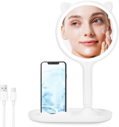 Spiegel met Verlichting - 1X/5X Dubbele Verlichting - Tafelmagneet & Handheld - 3 Kleuren LED Licht - Touch Screen Dimming - USB Oplaadbaar - Ideaal voor Slaapkamer & Kaptafel - Wit