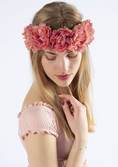 KIMU® Bloemenkrans Haar Pioenrozen Roze - Oudroze Bloemen Haarband Diadeem - Kroon Bloemetjes - Fairy Hoofd Festival