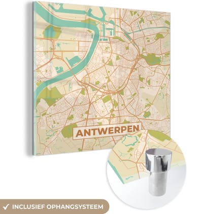 MuchoWow® Glasschilderij 90x90 cm - Schilderij acrylglas - Antwerpen - Stadskaart - Kaart - Plattegrond - Antwerpen - Foto op glas - Schilderijen