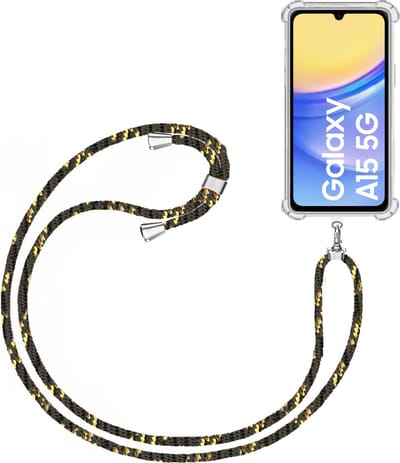 Telefoonkoord + Hoesje Geschikt voor Samsung Galaxy A15 - Lengte Verstelbaar - Telefoonketting - Shock Proof Case - Zwart Goud