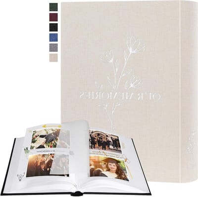 Fotoalbum voor persoonlijke creaties, linnen fotoboek met 100 witte pagina's en glazen scheidingsbladen, geschikt voor 9x13, 10x15 en 13x18cm foto's (35x43cm, Beige)
