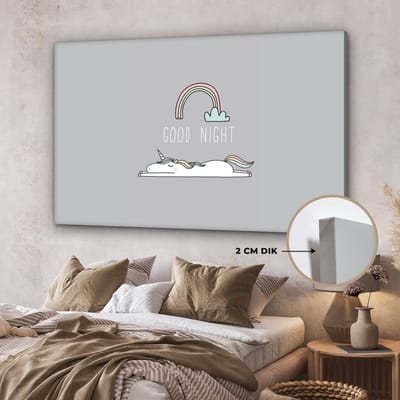 Canvas schilderij unicorn - Quotes - Good night - Eenhoorn - Tekst - Regenboog - Spreuken - Wanddecoratie meisjes - Kinderkamer decoratie - 150x100 cm