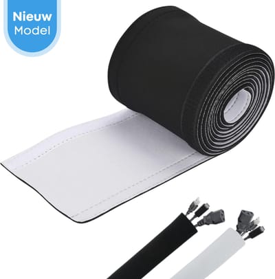 FOXLY® Kabel Organiser Zwart / Wit 330cm x 13cm – Kabel management – Klittenband – Kabelbeschermer – Kabelhoes