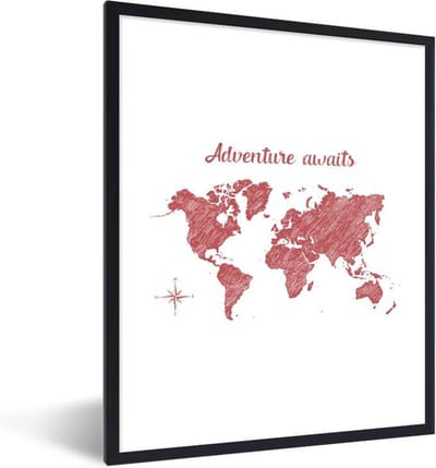 Poster in lijst - Fotolijst 60x80 cm - Posters - Wereldkaart - Quotes - Rood - Posterlijst zwart - Decoratie - Wanddecoratie woonkamer - Muurdecoratie slaapkamer