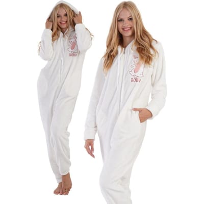 Combinaison à Capuche Pelucheuse Pyjama Femme L Grenouillère Pour Cadeau Fermeture Éclair Hiver white