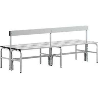 Kleedkamerbank, rvs buis/aluminium, dubbel met rugleuning, L 2000 mm, lichtgrijs