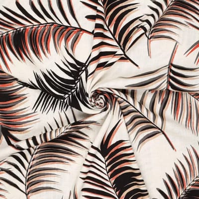 Viscose Linnen Slub Stof met Print – Lauren Natural Linen Bladprint Oranje – 70% Viscose 30% Linnen – 140 cm Breed – 180 g/m² – Zomerse Stof per Meter