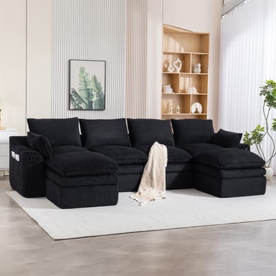 Wishdor - Modulaire 4-Zitsbank Met 2 Hockers - Zijvakken En Kussens - Cord - Zwart - 335 X 167 X 85 Cm