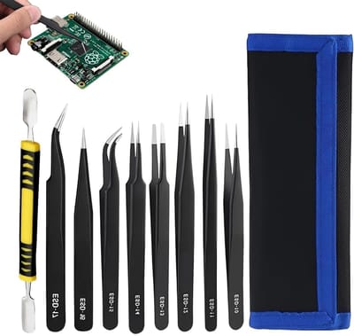 10-delige antistatische roestvrijstalen precisiepincetten set voor elektronica, sieraden en knutselen, inclusief spatel en opbergtas