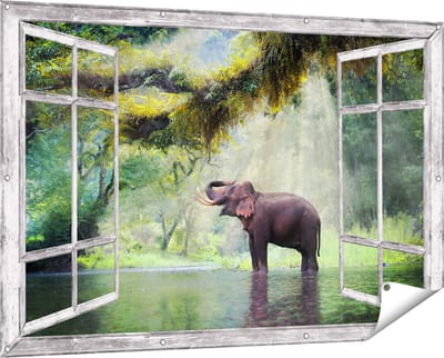 Gards Tuinposter Doorkijk Vrolijke Olifant in het Water - 150x100 cm - Tuindoek - Tuindecoratie - Wanddecoratie buiten - Tuinschilderij