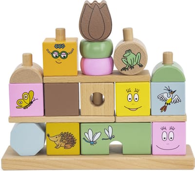 Label Label - Houten Blokken Set - Barbapapa - FSC Hout - 19 Blokken en Rekje - Stimuleert Creatief Spelen en Vormherkenning - Geschikt voor Kindjes vanaf 18 Maanden