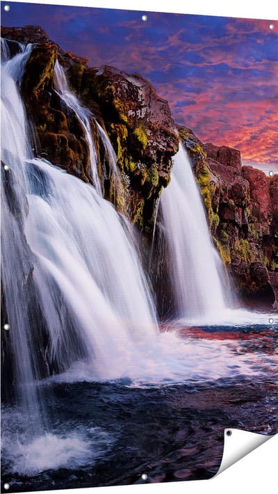 Gards Tuinposter Waterval bij een Berg - 100x150 cm - Tuindoek - Tuindecoratie - Wanddecoratie buiten - Tuinschilderij