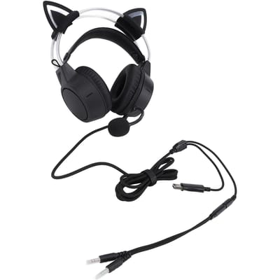 Casque de jeu noir antibruit réglable avec bandeau filaire et oreilles de chat RGB avec micro pour
