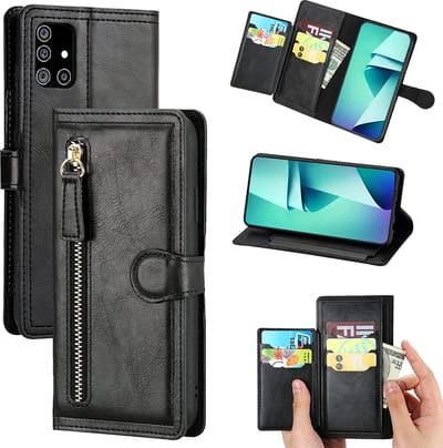 Bookcase Hoesje Geschikt voor: Samsung Galaxy A32 4G met ritssluiting - Flipcover - Magnetisch - 5 kaarten houder - Zwart