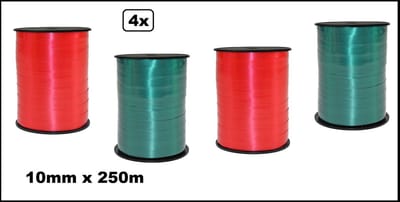 4x Krullint rood en groen 10mm x 250meter - Vernieuwd, nu met folie beschermlaag om de verpakking - krul lint kerst thema feest decoratie