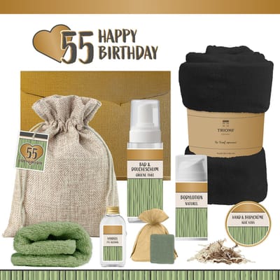 Geschenkset “55 Happy Birthday” - 8 producten - 1140 gram - Triomf Cosmetica | Luxe wellness Cadeaubox voor haar Giftset Feestje Verjaardag Vijfenvijftig jaar Cadeau Pakket Gefeliciteerd Verjaardagscadeau Fifty-five Years Hartje Goud Groen Zwart