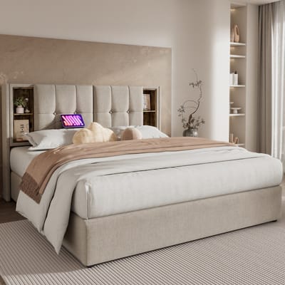 SINGULARITY-Tweepersoonsbed met draadloos opladen USB C- gestoffeerd bedframe 160x200cm- bedframe met opbergruimte- lattenbodem- natuurlijk linnen- zonder matras