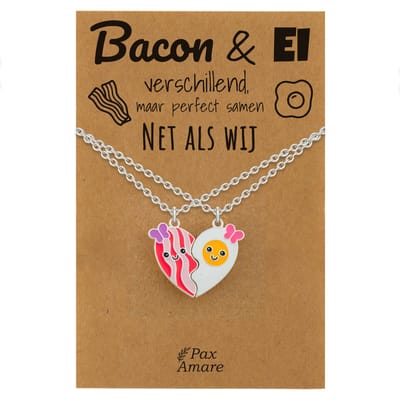 BFF Ketting voor 2 'Verschillend, maar perfect samen' - Magnetisch Hartje Bacon & Ei - Vriendschapsketting op Cadeau Kaartje - 45cm + 5cm verstelbaar - Zilverkleurig - Best Friends Hanger - Pax Amare