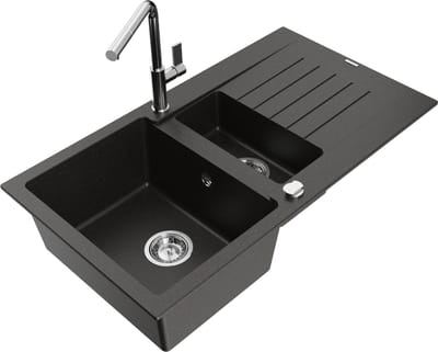 Mexen Matias granieten gootsteen 1,5-komor met druiprek en keukenkraan Flora, zwart/gouden metallic - 6502-75-670401-00