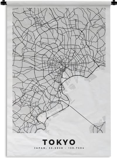 Wandkleed - Wanddoek - Tokyo - Stadskaart - Zwart Wit - Plattegrond - Kaart - 120x180 cm - Wandtapijt