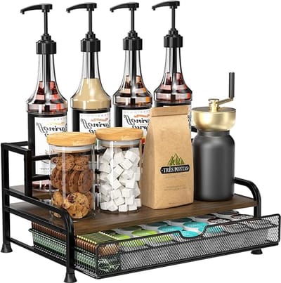 Famanu - 3-laags koffie sirooprek met ruimte voor 8 flessen en bekers, metalen organizer voor bar of koffiestation