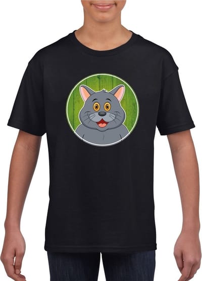 Kinder t-shirt zwart met vrolijke grijze kat print - katten shirt - kinderkleding / kleding 110/116