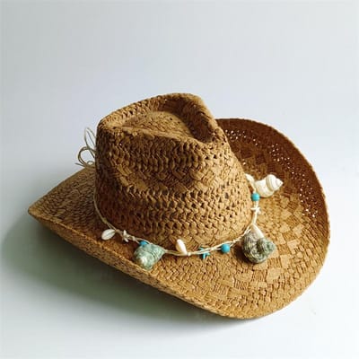 Zomerse Handgeweven Strooien Hoed Voor Vrouwen Schelp Decoratie Vakantie Strand Zon Hoed Chapeu Panama Feminino 55-58CM brown