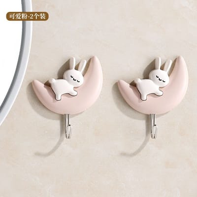 2 stuks Zelfklevende Wandhaken Konijn Haak Plastic Sleutel Handdoek Deur Wandhanger Hangrek Keuken Badkamer Accessoires roze
