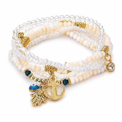 Marama Ibiza Sunset Wit – Armbandenset Dames – Set van 5 – Bohemian – Elastisch – Witte Kralen met Goudkleurige Bedels
