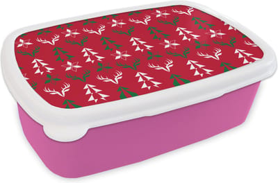Broodtrommel Roze - Lunchbox - Brooddoos - Hert - Patroon - Kerst - 18x12x6 cm - Kinderen - Meisje