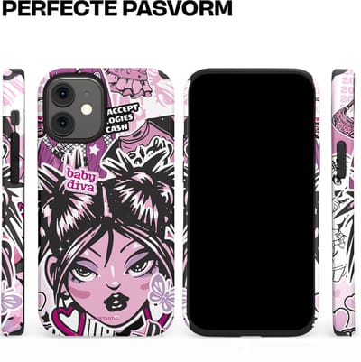 Casetastic hoesje geschikt voor Apple iPhone 12 Mini - Dubbellaagse bescherming - Roze Y2K Pop Teen Girly Cash Diva Collage - Fashion Case - Grijs Donkergrijs Wit Lichtroze