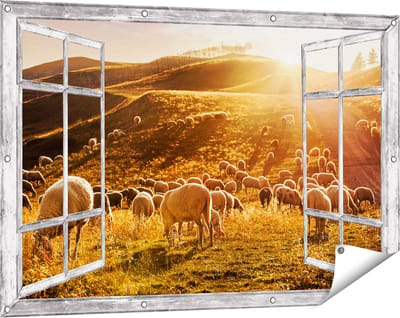 Gards Tuinposter Doorkijk Schapen in de Heuvels bij Zonsondergang - 120x80 cm - Tuindoek - Tuindecoratie - Wanddecoratie buiten - Tuinschilderij
