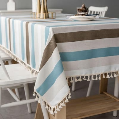 Tafelkleed Rechthoekig - Textiel Tafelbedekking - Dineren en Feesten - Katoen Linnen Mix - 140 x 240 cm - Beige Blauw