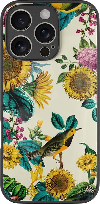 Casimoda® hoesje - Geschikt voor iPhone 16 Pro - Zonnebloemen / Bloemen - Luxe Hard Case Zwart - Backcover telefoonhoesje - Multi