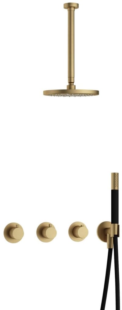 Hotbath Cobber IBS70 inbouw regendoucheset met staafhanddouche aan houder en 20cm ronde hoofddouche aan 30cm plafondarm geborsteld messing