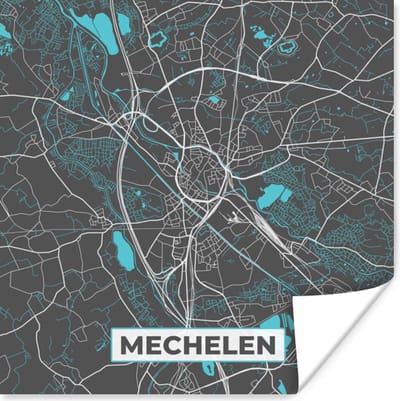 Poster Kaart – Plattegrond – Stadskaart – Mechelen – België - Grijs - 100x100 cm XXL