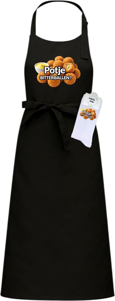 Luxe Hobby Keukenschort en sokken met tekst - Cadeau set - Bitterballen - Pensioen cadeau - Zwart - Verstelbaar - Cadeau idee - Verjaardag cadeau - Cadeau dames en heren - Moederdag - Vaderdag - Afscheid - Kerst cadeau - Grappig cadeau - Onesize