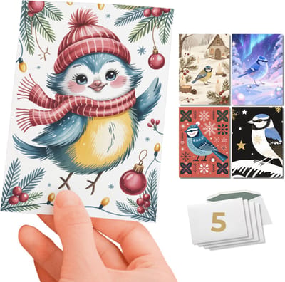 Inspra Studio – Luxe Kerstkaarten met Enveloppen – 5 Stuks – Dieren Wenskaarten Collectie – Mix van 5 Unieke Illustratiestijlen – Pimpelmees