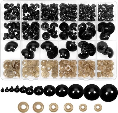 150 Stuks Veiligheidsogen met Wasjes 6 tot 24mm Zwarte Ronde Plastic Ogen voor Poppen, Knuffels en Handwerk