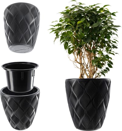 KADAX Bloempot met inzetstuk en handgrepen, plantenbak van kunststof in 5 maten, uv-bestendig, weerbestendig, hoog, met 3D-effect, antraciet, 39 cm