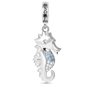 Fler® | Bedel | Past op populaire bedelarmbanden (standaard - 3mm) | Zeepaardje Bedel | Hangbedel Charm | 925 sterling zilver | Transparante & Blauwe zirkonia | Armband Kraal | Valentijnsdag Cadeau | Sinterklaas kado | Kerstcadeau | Verjaardag