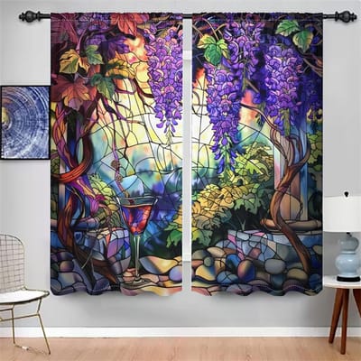 Rideaux Glycine Vitrail Jardin Fleuri Fenêtre Draperies 2 Panneaux Romantique Salon Chambre Décoration de Maison 50W60H(CM)X2PCS&Rod Pocket gray