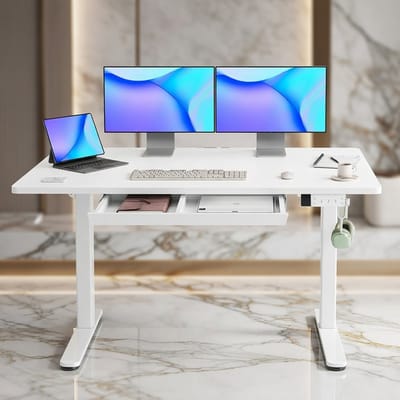 Premium Elektrisch In hoogte Verstelbaar Bureau met Lade – 120 x 60 cm – Modern Staand Bureau met Geheugenfunctie, Kabelbeheer en Hoofdtelefoonhaken – FSC Hout – 80 kg Draagkracht House&Garden