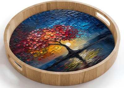 Dienblad rond 40x40 cm - Schootdienblad hout - Boom - Blauw - Bladeren - Vakken - Borrelplank rechthoek - Plateau houten dienbladen